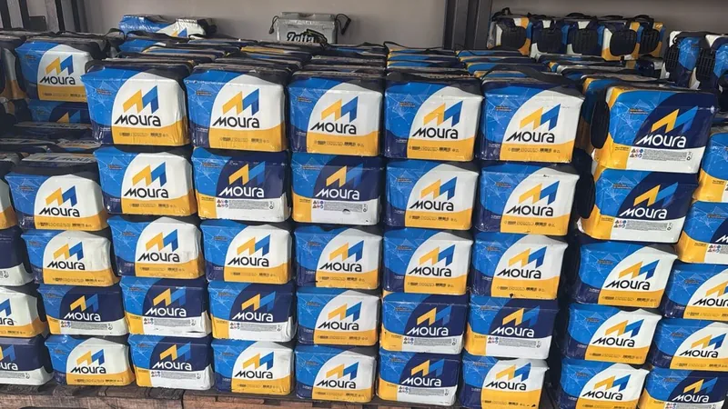 Baterias automotivas Moura empilhadas em estoque